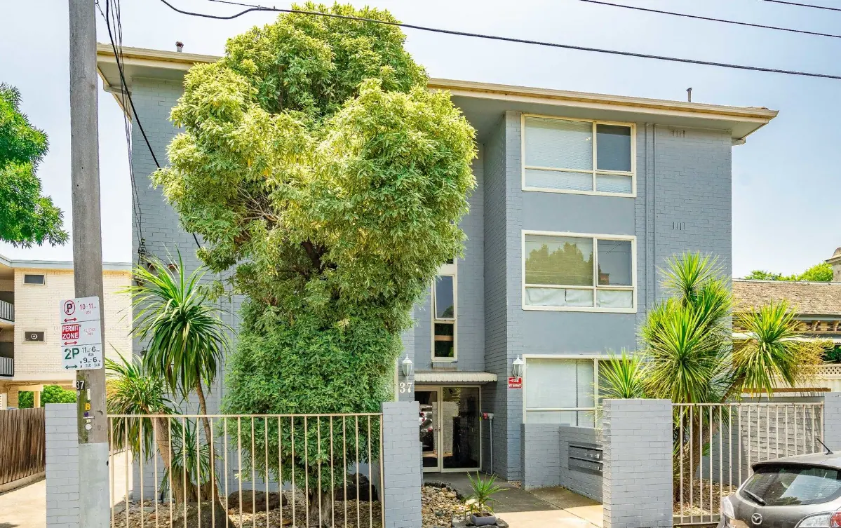The Melbourne unit block, a three storey painted brick building behind a mature tree